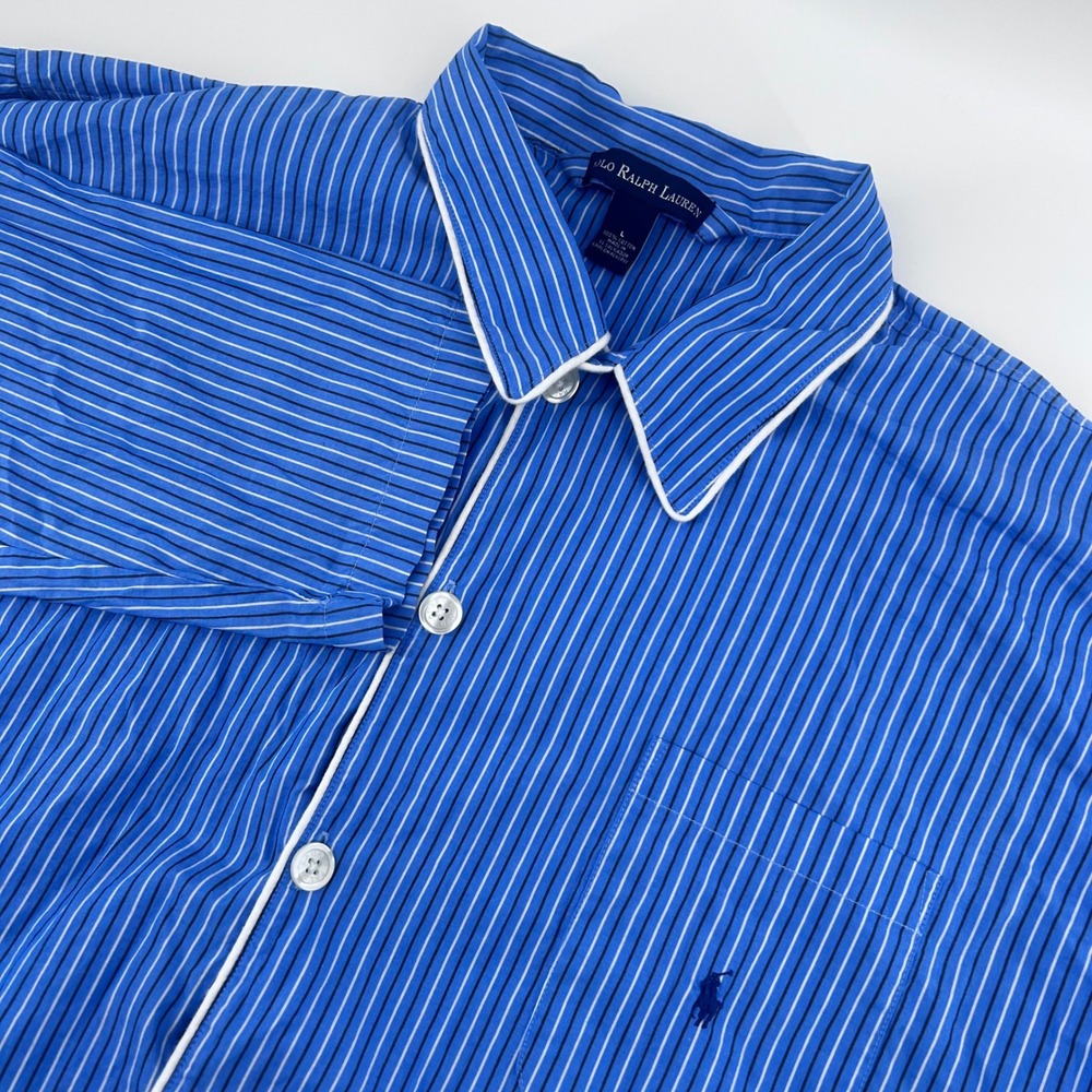 Polo Ralph Lauren Pajama Shirt Men Large Blue Striped Cotton Sleep Top Piping